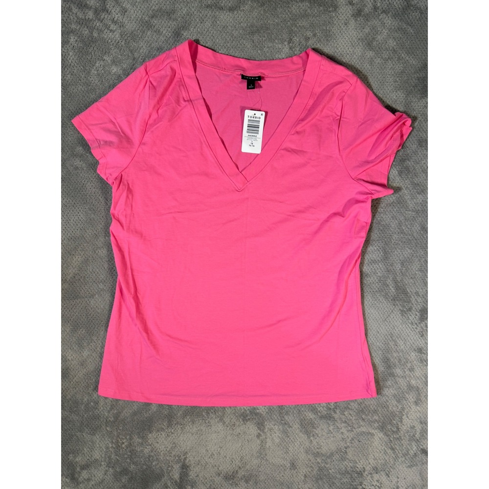 Torrid NWT Shocking Pink V-Neck Fitted T-Shirt Women's 1X 14-16 Cotton Stretch
